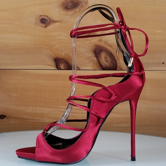 FASHION NOVA RED SATIN LACE UP HIGH HEEL SANDALS - Picture 2 of 4